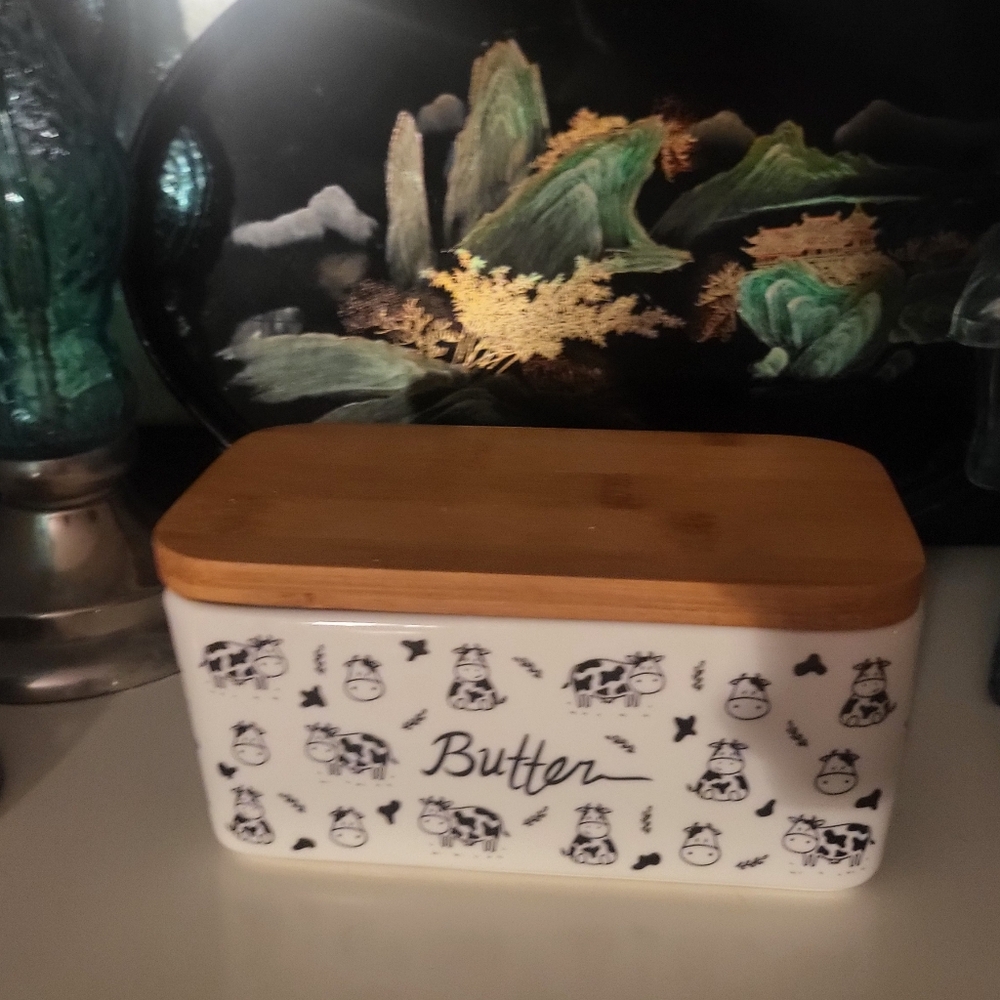 Amazon White and Brown Butter Dish with Cow Design